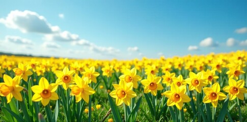Fototapeta premium Daffodil fields with golden flowers swaying gently in the breeze under clear blue skies,, fields, wildflowers