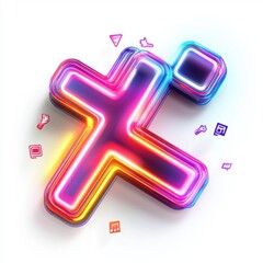 Obraz premium The image is a neon cross with a colorful background. The cross is surrounded by various icons and symbols, including a heart, a music note, and a camera. Scene is energetic and playful