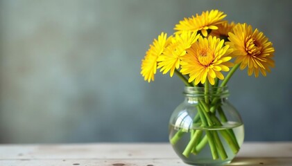 Fototapeta premium Dandelions in a vase with fresh cut stems and bright yellow blooms, dandelion, blossoms