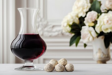 White truffles and wine define luxury tasting. Elegant wine decanter with flowers and decorative snacks nearby.