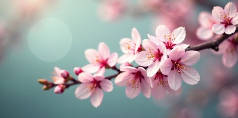 Delicate pink blooms on a blooming white cherry blossom tree branch selective focus vintage filtered, seasonal, flowers, filter effect