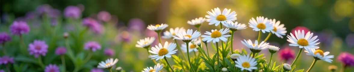 Naklejka premium Delicate white asters bloom in a summer garden flower bed, purple flowers, flower field