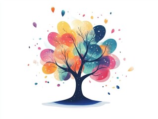 A colorful tree with many branches and leaves. The tree is surrounded by a lot of colorful flowers and leaves