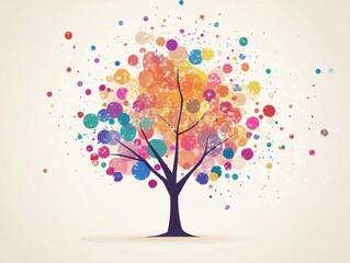 A colorful tree with many different colored circles surrounding it. The tree is the main focus of the image and the circles are scattered around it. The image has a whimsical and playful mood