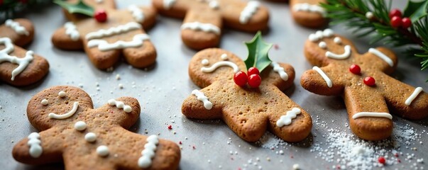 Festive gingerbread cookies with white icing and holly sprigs, festive, dessert table, Christmas cookies