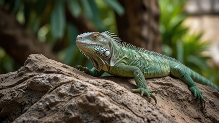 Fototapeta premium Green iguana perched on a rock, basking in the sun.