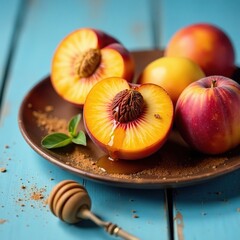 Fresh baked peaches on a rustic wooden plate with a drizzle of warm honey and sprinkled with cinnamon powder on a blue wooden background summer dessert still life, baked peaches, desserts