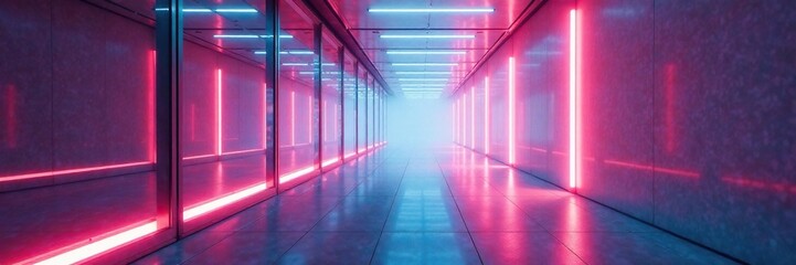 Fototapeta premium Glass corridor with metallic floor and soft glow, minimalist, futuristic