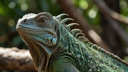 Close-up of a green iguana's head and neck, showing its scales and details.
