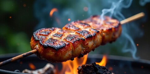 Grilled pork chop on a stick with a smoky atmosphere around it, pork, smoke, nature