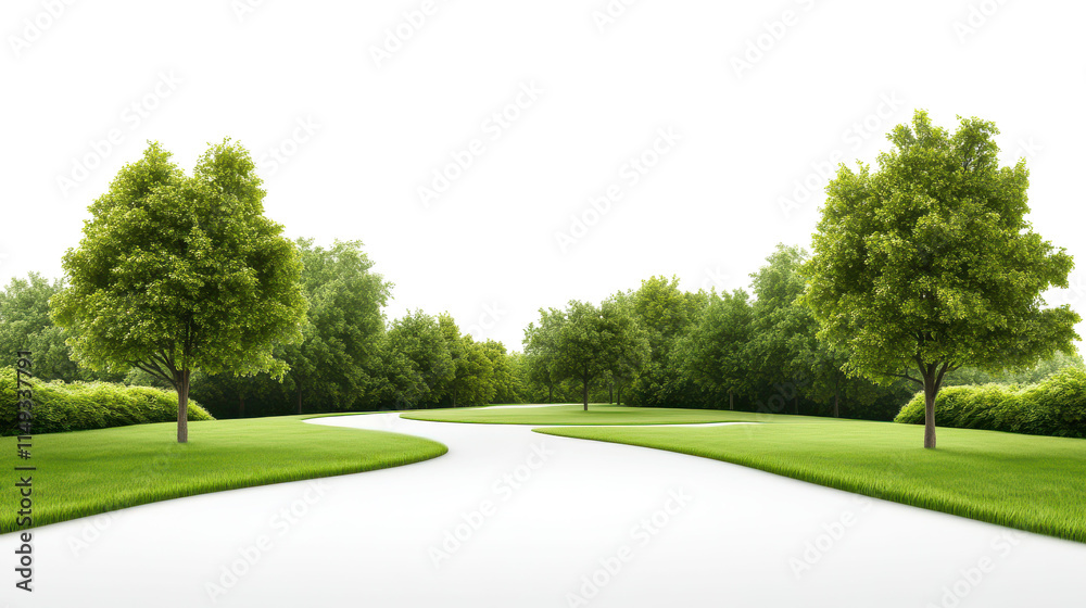 Wall mural a park with a path that runs between two trees on transparent background