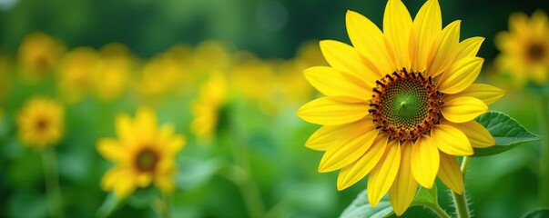 Fototapeta premium Large sunflower with bright yellow blooms and lush green foliage, green leaves, summer flowers, garden flowers