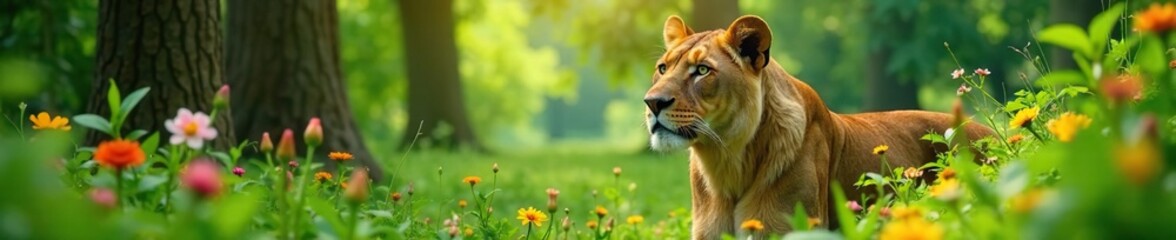 Obraz premium Lioness Hathor in a lush green garden with flowers and foliage, renewal, serenity