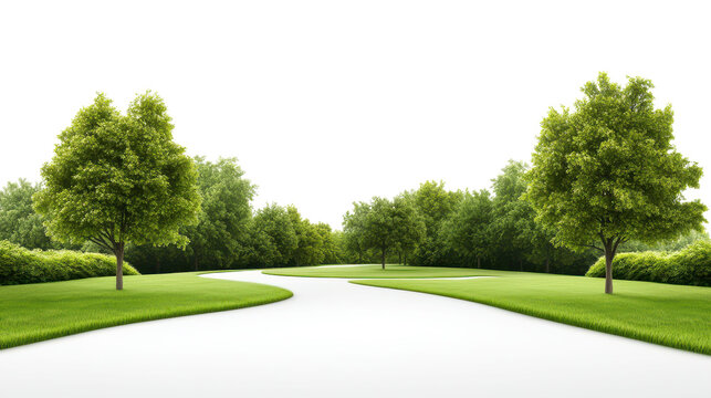 A park with a path that runs between two trees on transparent background