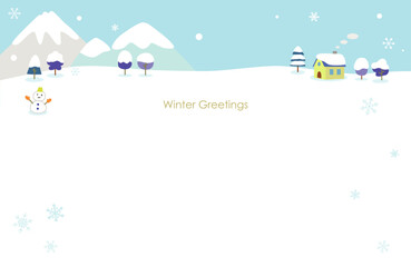 山と小さな家とゆきだるまの冬のメッセージカードイラスト