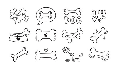 Hand drawn doodle bone for dogs set. Outline isolated drawing bones on white background. Line bone icons. 