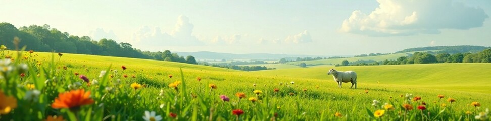 Pasture landscape with a single sheep grazing in the distance, meadow, wildflowers