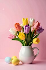 Obraz premium Pastel colored spring flowers in a bouquet with Easter eggs, flower arrangement, tulip