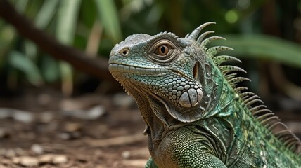 Fototapeta premium Close-up of a green iguana's head and neck.