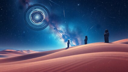 Obraz premium ancient statues in stardust desert under galaxies