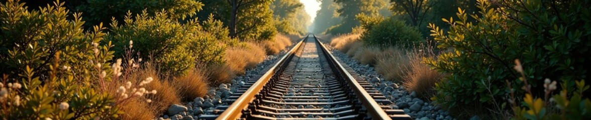 Obraz premium Railway tracks disappear into a thicket of bushes, branches, hidden rails, thicket