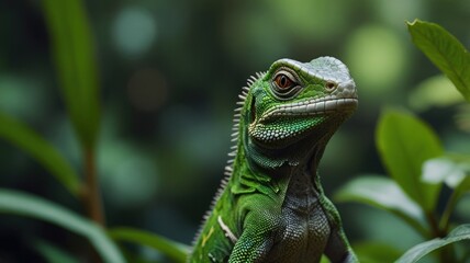 Fototapeta premium Close-up of a vibrant green lizard in lush foliage.
