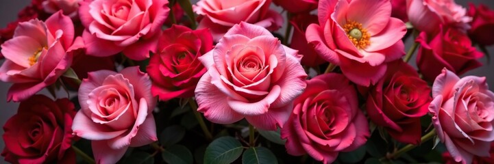 Red and pink rose petals in a lush floral arrangement, blooming, vibrant