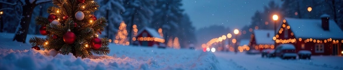 Snowy Night Sky with Twinkling Lights and Festive Christmas Decorations, bokeh, festive