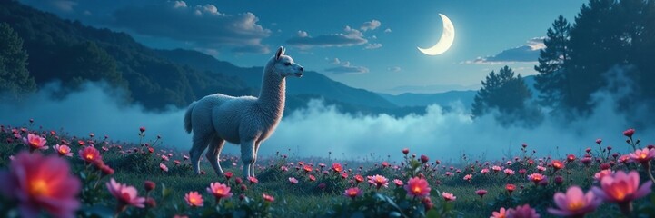 Obraz premium Soft alpaca in a floral wreath amidst the misty night landscape with a crescent moon overhead, natural, floral wreath