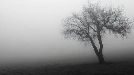 Solitary Tree in Fog: A Black and White Landscape