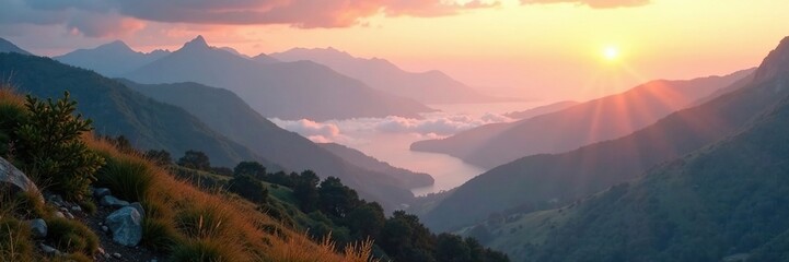 Obraz premium Soft warm light on foggy mountain scenery at morning, glow, mountains