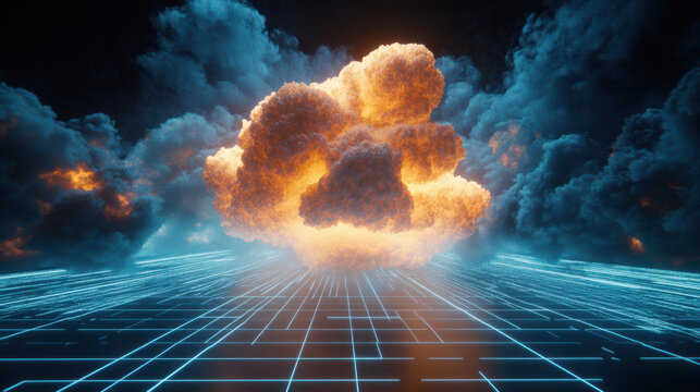 A stunning, photo-grade image of a glowing technological cloud surrounded by intricate, radiant data streams, hovering over a pulsating blue grid terrain, illuminated by vibrant neon lighting and soft