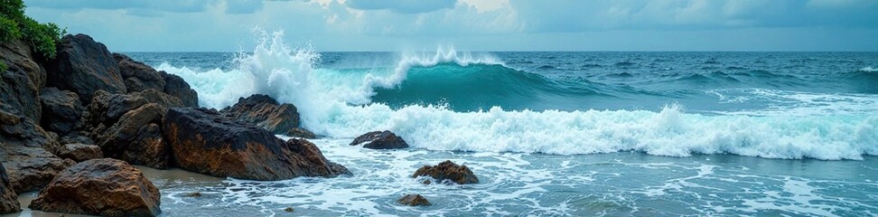 Obraz premium Turbulent ocean with waves crashing against a rocky shoreline, rocky shoreline, natural