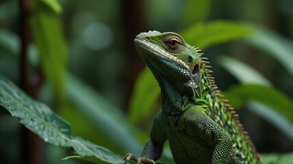 Fototapeta premium Close-up of a vibrant green iguana perched on lush foliage.