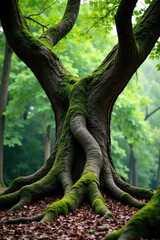 Twisted roots and gnarled branches of an old tree, branches, forest, foliage