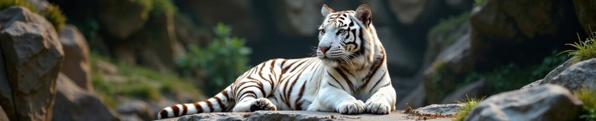 A siberian white tiger resting on a rocky outcropping, rock formation, still life