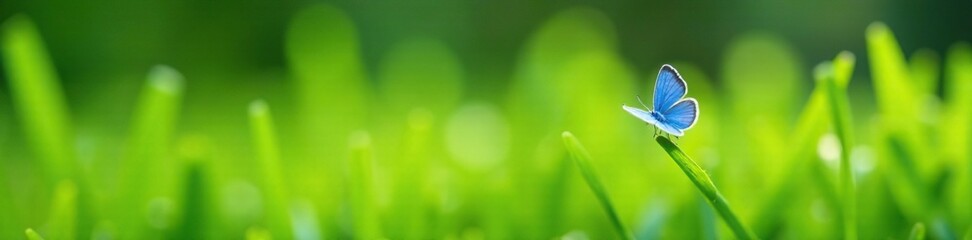 Fototapeta premium A small blue butterfly walking on the surface of a blade of green grass, insect, insect on grass