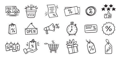 Fototapeta premium Loyalty card hand drawn doodle element icons. Symbol for Loyalty card, incentive program outline illustration icon