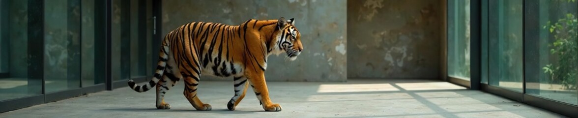 Obraz premium Bengal tiger in a modern enclosure with concrete floor, wildlife photography, striped fur