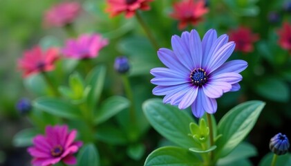 Obraz premium Blue fan flower Scaevola aemula in garden with other plants, floweringplants, foliage