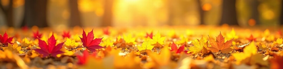 Colorful blossoms scattered on a fallen yellow leaf carpet under autumn sun, leaf carpet, fall colors, flower carpet