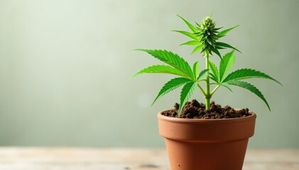 Clay pot with lush green marijuana leaves and a few buds in the blooming stage, gardening tips, herbology