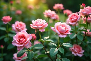 Delicate pink roses blooming in a lush garden, blossoms, color