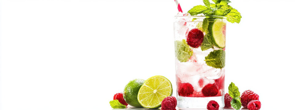 Refreshing raspberry lime mojito with fresh mint leaves, garnished with a straw, on a bright white background.