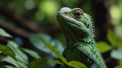 Fototapeta premium Close-up of a vibrant green lizard amidst lush foliage. (1)