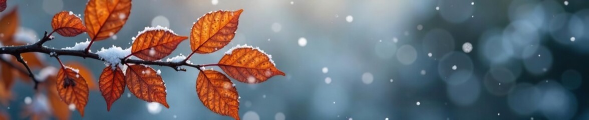 Fototapeta premium Faded brown leaves and branches with snowflakes falling around, branch, snowfall