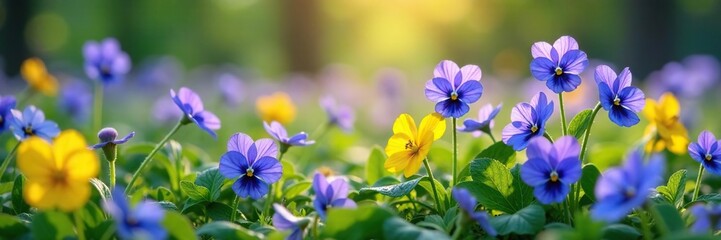 Fototapeta premium Field of blue violets with purple and yellow flowers, meadow flowers, garden borders