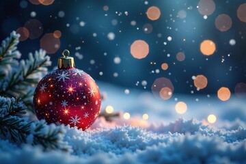 Frosty Christmas Eve Scene with Sparkling Ball and Twinkling Stars in Snowflake Pattern, festive decor, frosty christmas eve, snowflakes