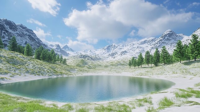 Serene mountain lake surrounded by lush greenery and snow-capped peaks under a clear blue sky.