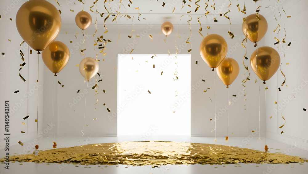 Wall mural Gold shiny confetti scattered gracefully around and gold balloons of varying sizes floating softly